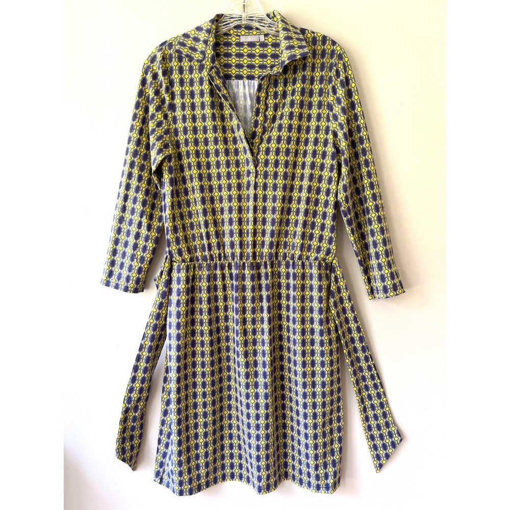 Ellie Kai A Line V Neck Midi Dress Purple Yellow Geo Print Soft Stretch Size S
